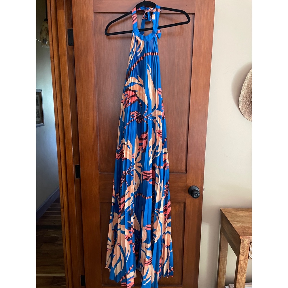 Blue and orange tropical halter maxi dress